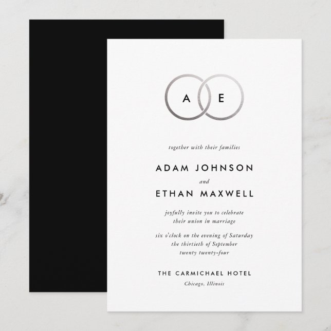 Moderne Silver Rings Monogram Hochzeitseinladung Einladung (Vorne/Hinten)