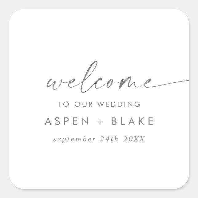Moderne Silver Script Wedding Willkommen Quadratischer Aufkleber (Vorderseite)