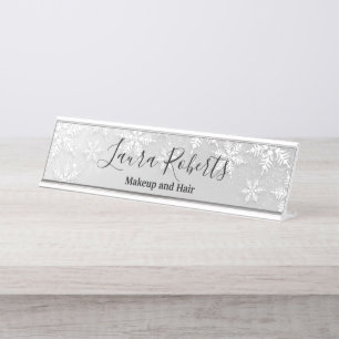 Moderne Silver Winter Schneeflocken Schreibtischnamensplakette