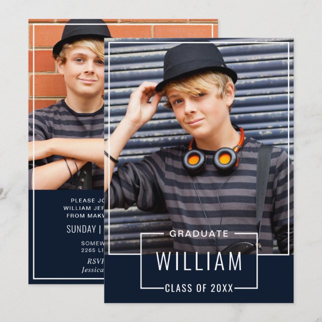 Moderne Simple Navy 2 FOTO Graduation Party Einladung (Vorne/Hinten)