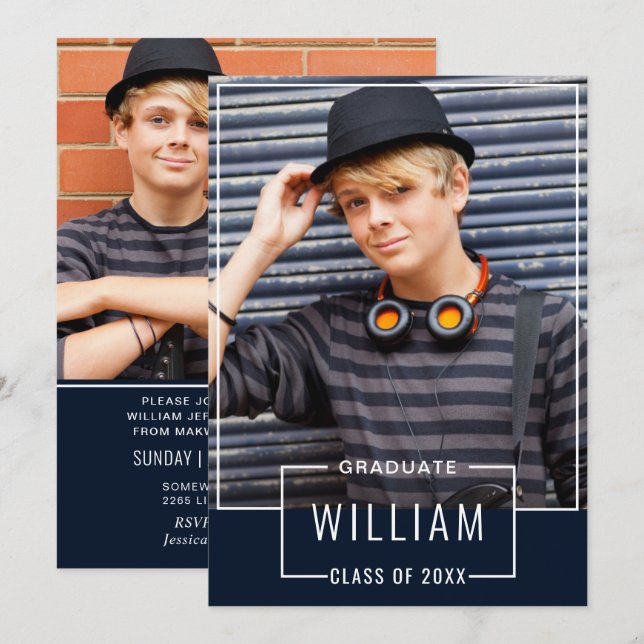 Moderne Simple Navy 2 FOTO Graduation Party Einladung (Vorne/Hinten)