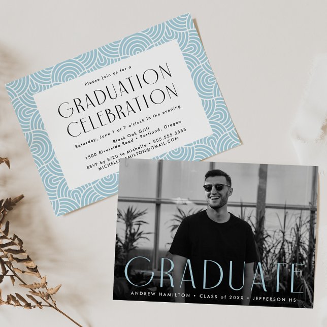 Moderne "Simplicity Sky Blue Foto Graduation Party Einladung (Von Creator hochgeladen)