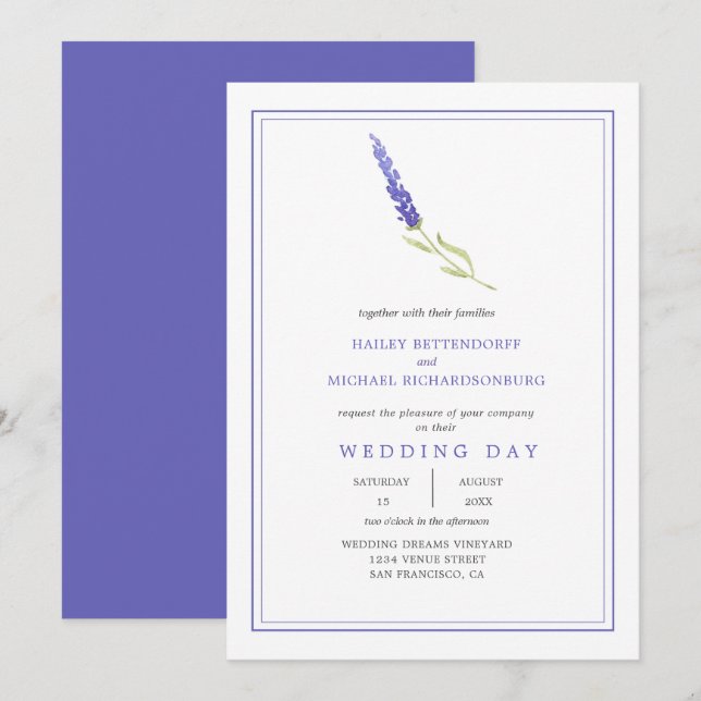 Moderne Single Lavender Sprig Wedding | Einladung (Vorne/Hinten)