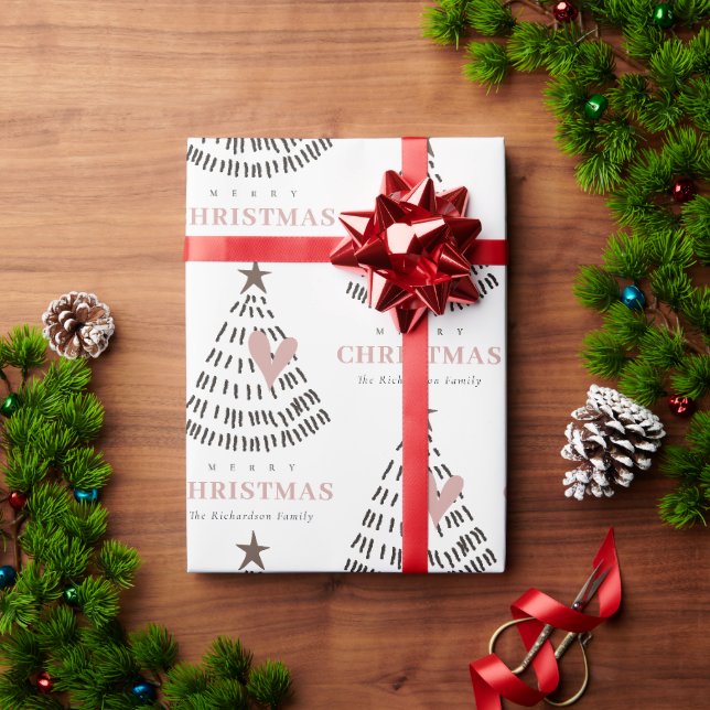 Moderne Skandi-Minimal-Blush-Herz-Weihnachtsbaum Geschenkpapier (Feiertagsgeschenk)