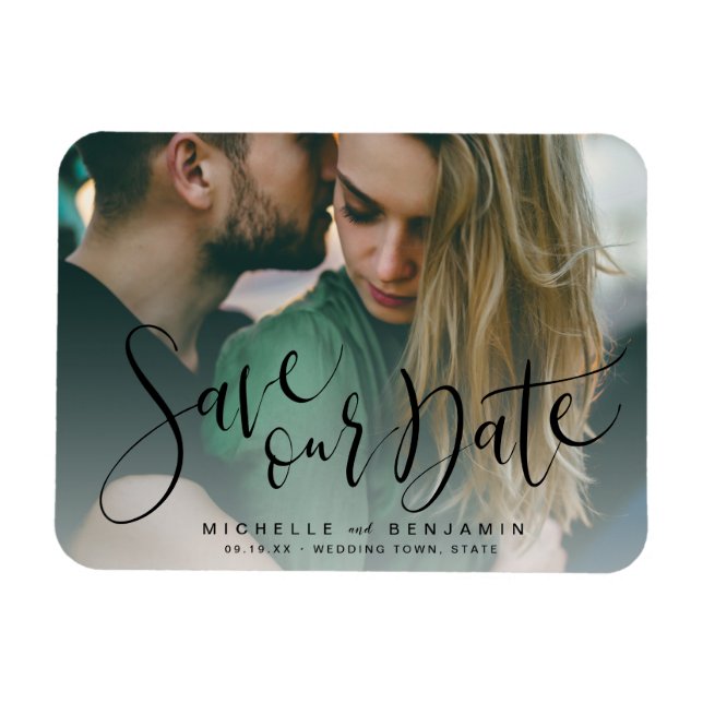Moderne Skript-Foto Hochzeit speichern den Datums- Magnet (Horizontal)