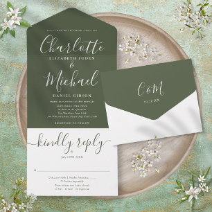 Moderne Skript-Minimalist Olive-Grüne Hochzeit All In One Einladung