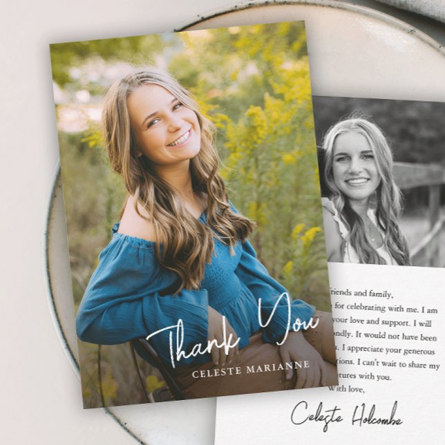 Moderne Skript Name Foto Abschlussfeier Dankeskarte (Simple script photo graduation thank you cards.)