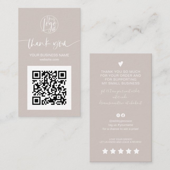 Moderne Skript QR Code Creme Auftrag Vielen Dank Visitenkarte (Vorne/Hinten)
