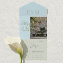 Moderne Skript-Sage-Grün- und Blaue Hochzeit All In One Einladung
