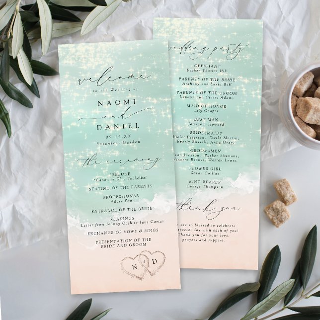 Moderne Skriptanhöre in der Hochzeit am Sandstrand Programm (Modern Script Hearts In The Sand Beach Wedding Program)