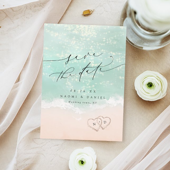 Moderne Skriptanhöre in der Hochzeit am Sandstrand Save The Date (Modern Script Hearts In The Sand Beach Wedding Save The Date)