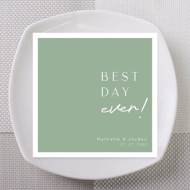 Moderne Skriptbester Tag je Sage Grüne Hochzeit Serviette (Sage green Best Day Ever  custom wedding napkins with white custom names.)
