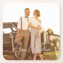 Moderne Skripte jubeln Liebe Foto Hochzeit Rechteckiger Pappuntersetzer