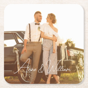 Moderne Skripte jubeln Liebe Foto Hochzeit Rechteckiger Pappuntersetzer