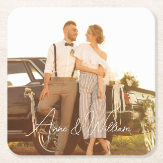Moderne Skripte jubeln Liebe Foto Hochzeit Rechteckiger Pappuntersetzer