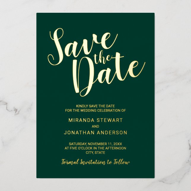 Moderne SkriptWedding Save the Date Emerald Gold Folieneinladung (Vorderseite)