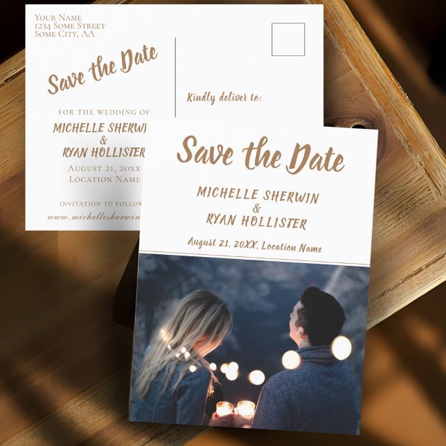 Moderne SkriptWedding Save the Date Foto Ankündigungspostkarte (Von Creator hochgeladen)