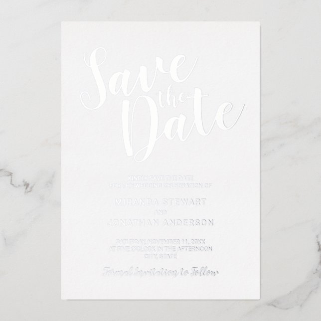 Moderne SkriptWedding Save the Date Silver Folieneinladung (Vorderseite)