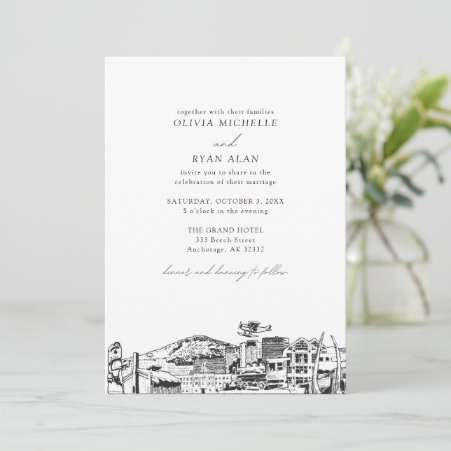 Moderne Skyline Black & White Anchorage Hochzeit Einladung (Stehend Vorderseite)