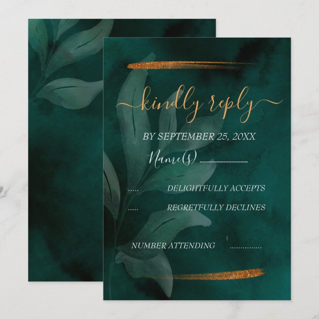 moderne Smaragdgrün und Blätter UAWG Einladung (Vorne/Hinten)