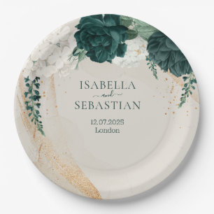 Moderne Smaragdgrüne Beige Florale Eleganz Pappteller