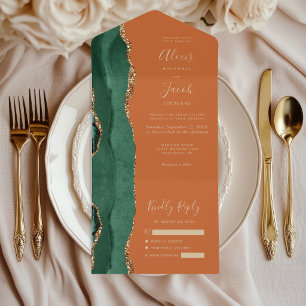 Moderne Smaragdgrüne Gold-Achat-Rost-Hochzeit All In One Einladung