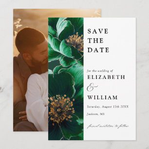 Moderne Smaragdgrüne und goldene florale Hochzeits Save The Date