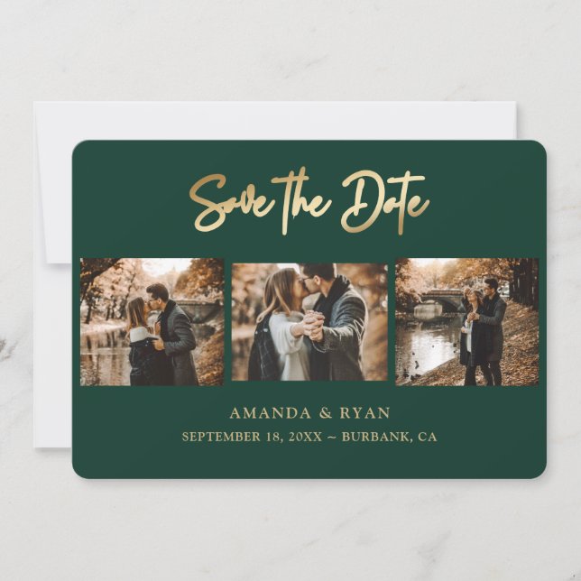 Moderne Smaragdgrüne und goldene Foil Wedding 3 Fo Save The Date (Vorderseite)