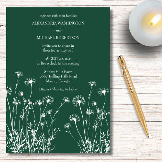 Moderne Smaragdgrüne und weiße Wildblume Hochzeit Einladung
