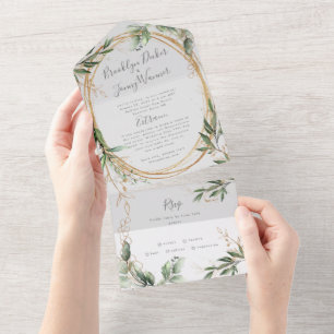 Moderne Smarald Boho Tropical Eukalyptus Wedding All In One Einladung