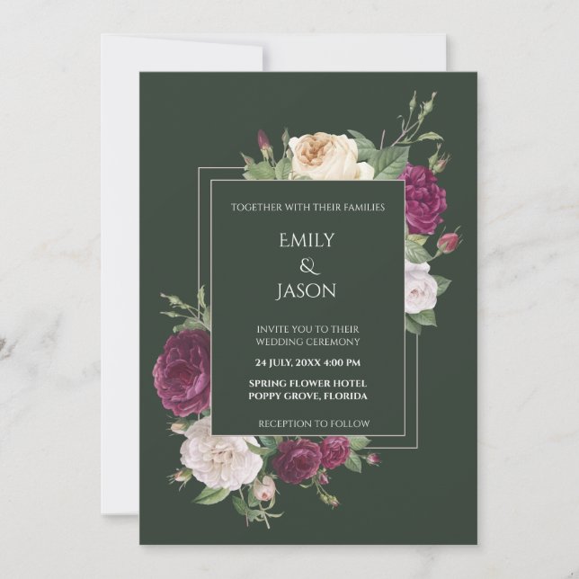 Moderne Smarald Green Burgundy Floral Einladung (Vorderseite)
