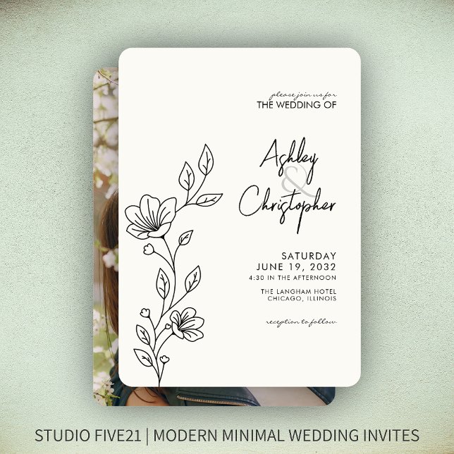 Moderne Smokey Black Foliage Kontur Foto Hochzeit Einladung (Von Creator hochgeladen)