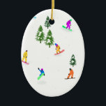 Moderne Snowboarder Snowboarden Illustration Keramik Ornament<br><div class="desc">Coole skurrile Illustrationskunst von bunten Snowboardern, Snowboarden in Bergen zwischen Kiefern, Fichten und Kiefern auf frischem Schneemulver. Snowboard und Xmas Outdoor Sport in einem Winterwald. Snowboarder Geschenke. Snowboard-Design für ihn</div>