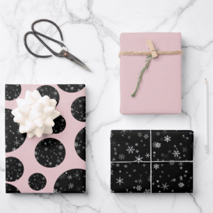 Moderne Snowflake Schwarz Pink Muster Weihnachten Geschenkpapier Set