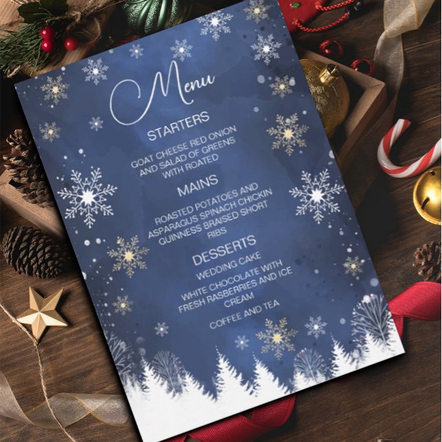 Moderne Snowflake Winter Navy und Gold Wedding Menükarte (#menu #zazzlemade #Christmas #holiday #flyer #holidayflyer #menucard #snowflakes #navyblue #gold)