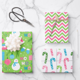Moderne Snowman- und Pink & Green Weihnachtsdekora Geschenkpapier Set