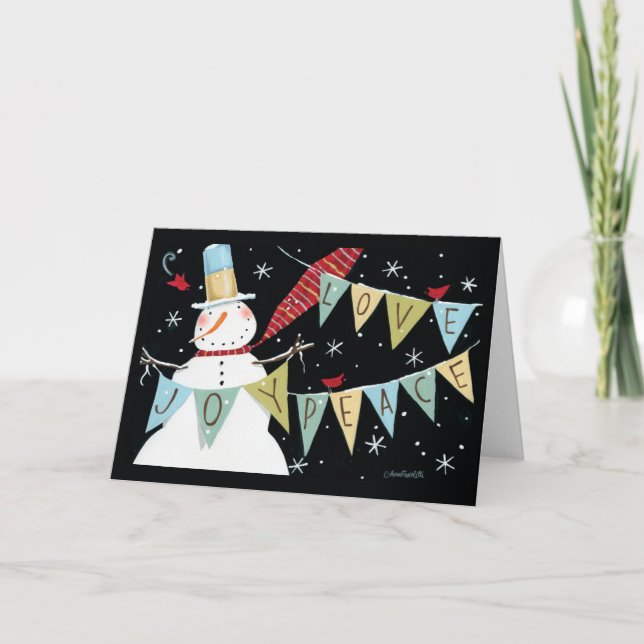 Moderne Snowmen Liebe, Freude, Frieden Feiertagskarte (Vorderseite)