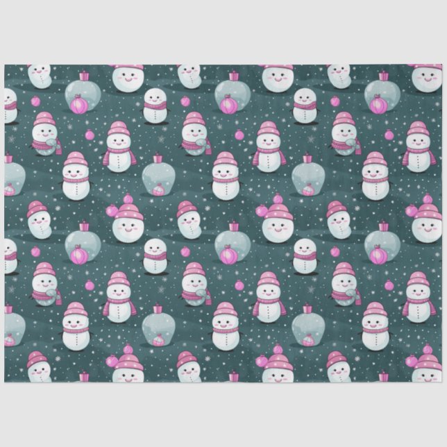 Moderne Snowmen Ornamente Rosa und grüne Weihnacht Seidenpapier (Vorderseite)
