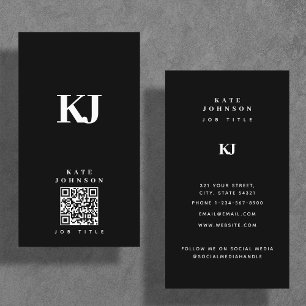 Moderne Solid Monogram Initials QR Code Black Visitenkarte
