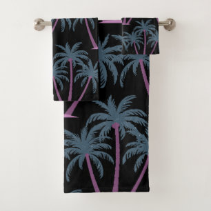 Moderne Sommer Botanische Drei Palmen auf Schwarz Badhandtuch Set