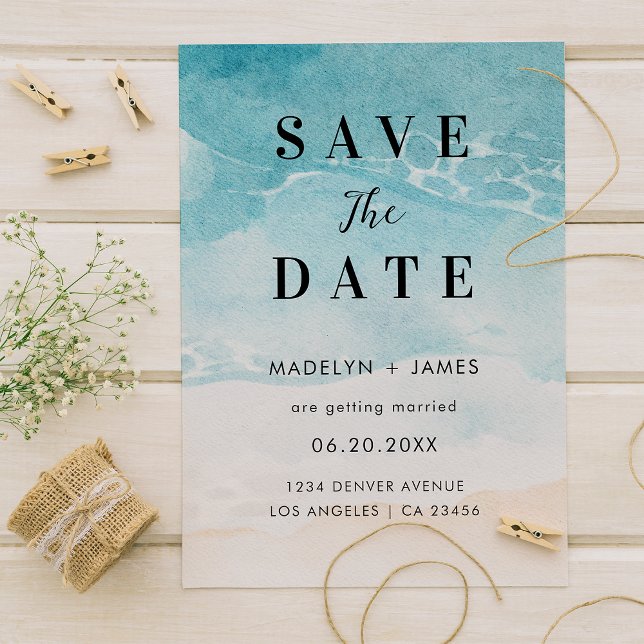 Moderne Sommer-Ozean-Strandhochzeit Save The Date (Von Creator hochgeladen)