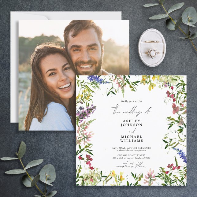 Moderne Sommer-Wildblume Kalligrafie Foto Hochzeit Einladung (Von Creator hochgeladen)