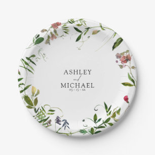 Moderne Sommer-Wildblume Kalligrafie Hochzeit Pappteller
