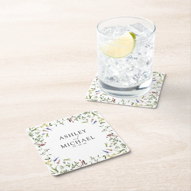 Moderne Sommer-Wildblume Kalligrafie Hochzeit Rechteckiger Pappuntersetzer (Vor Ort)