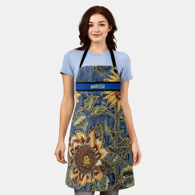 Moderne Sonnenblume Denim Muster Individuelle Name Schürze (Getragen)
