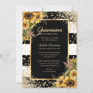 Moderne Sonnenblume Gold Schwarz Weiß Quinceañera Einladung