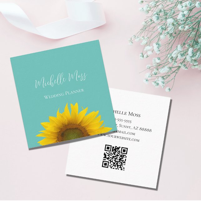 Moderne Sonnenblume QR-Code Trendy Aquamarin Green Quadratische Visitenkarte (Von Creator hochgeladen)