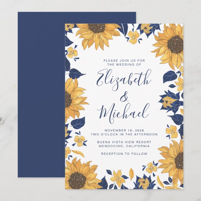 Moderne Sonnenblume Wasserfarbe Blaue Hochzeit Einladung (Vorne/Hinten)