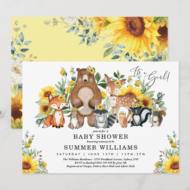 Moderne Sonnenblume Woodland Animals Girl Baby Dus Einladung (Vorne/Hinten)