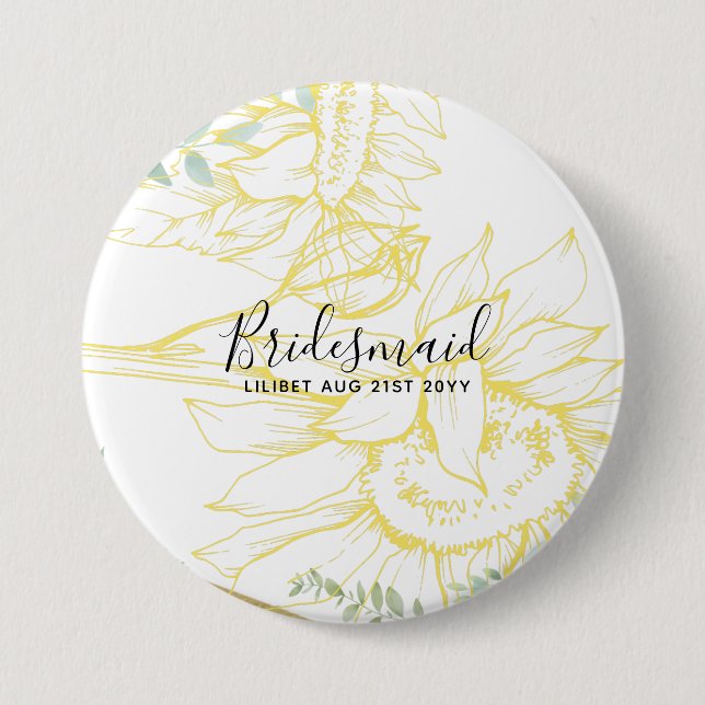 Moderne Sonnenblumen Grüne Sage Gold Hochzeit Button (Vorderseite)